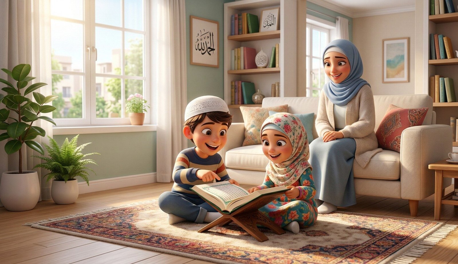 A Muslim mother and her young son sharing a warm, peaceful moment reading the Quran together at home in London — the result of a love-first approach