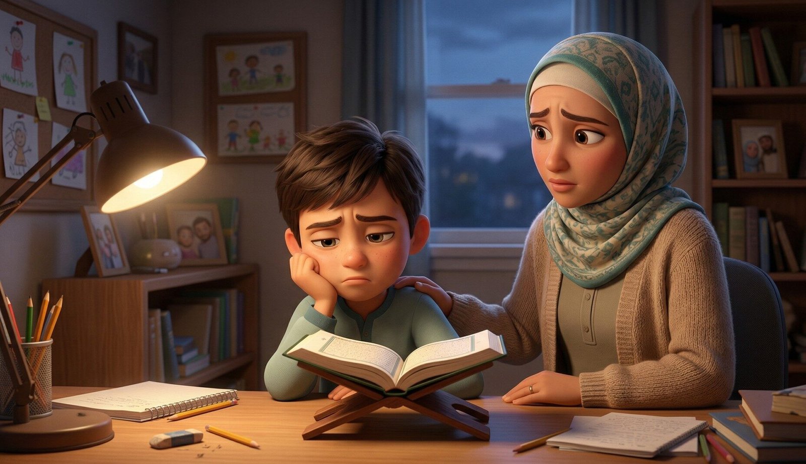 Muslim mother sitting with her child and the Quran, reflecting on childhood Quran learning experiences
