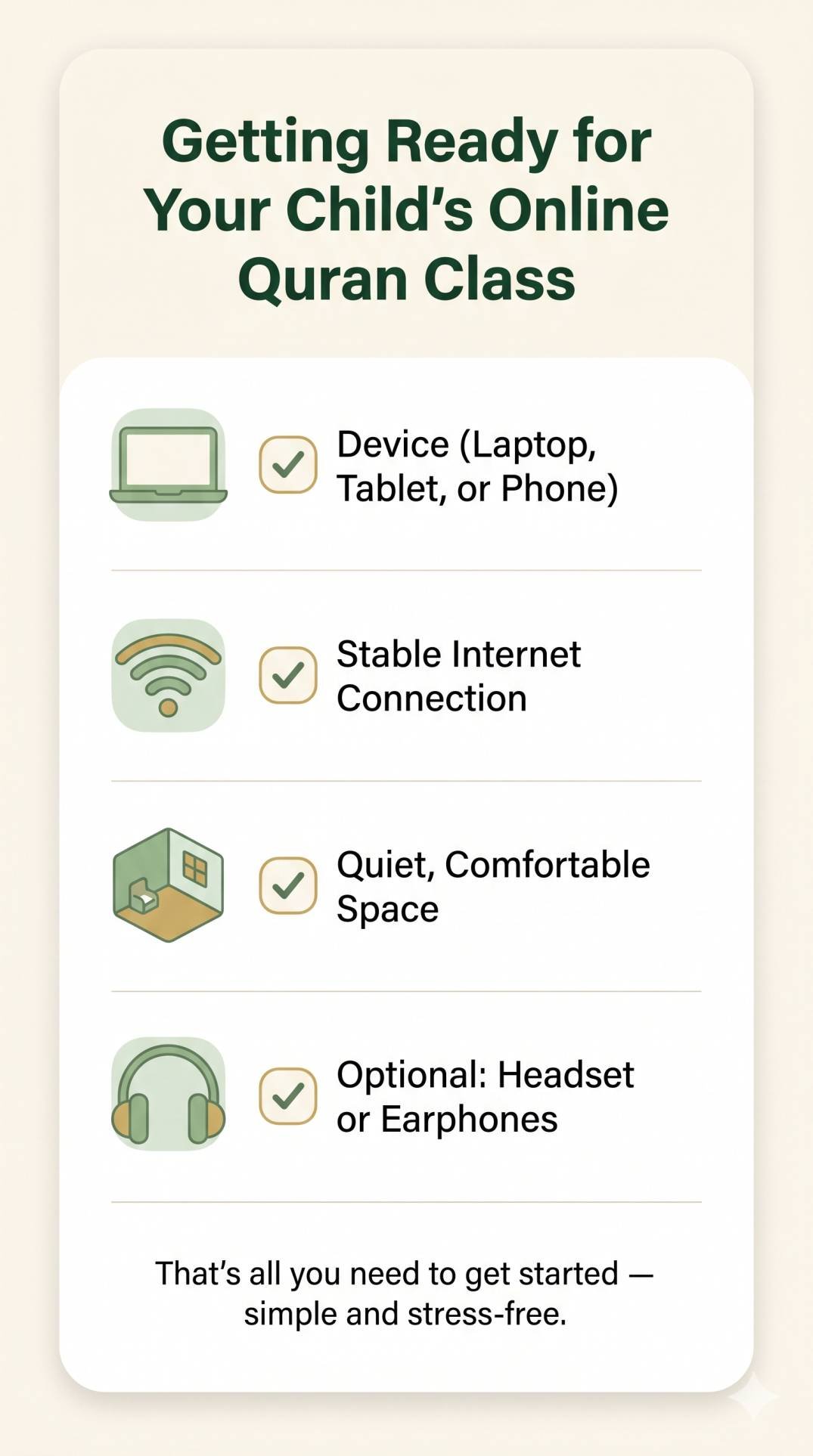 Simple home setup for online Quran class — laptop and quiet space