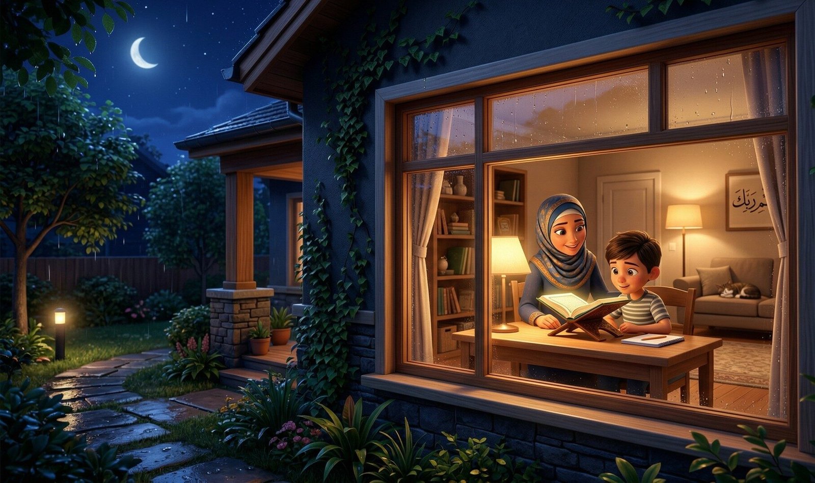 Muslim mother teaching her child Quran at home