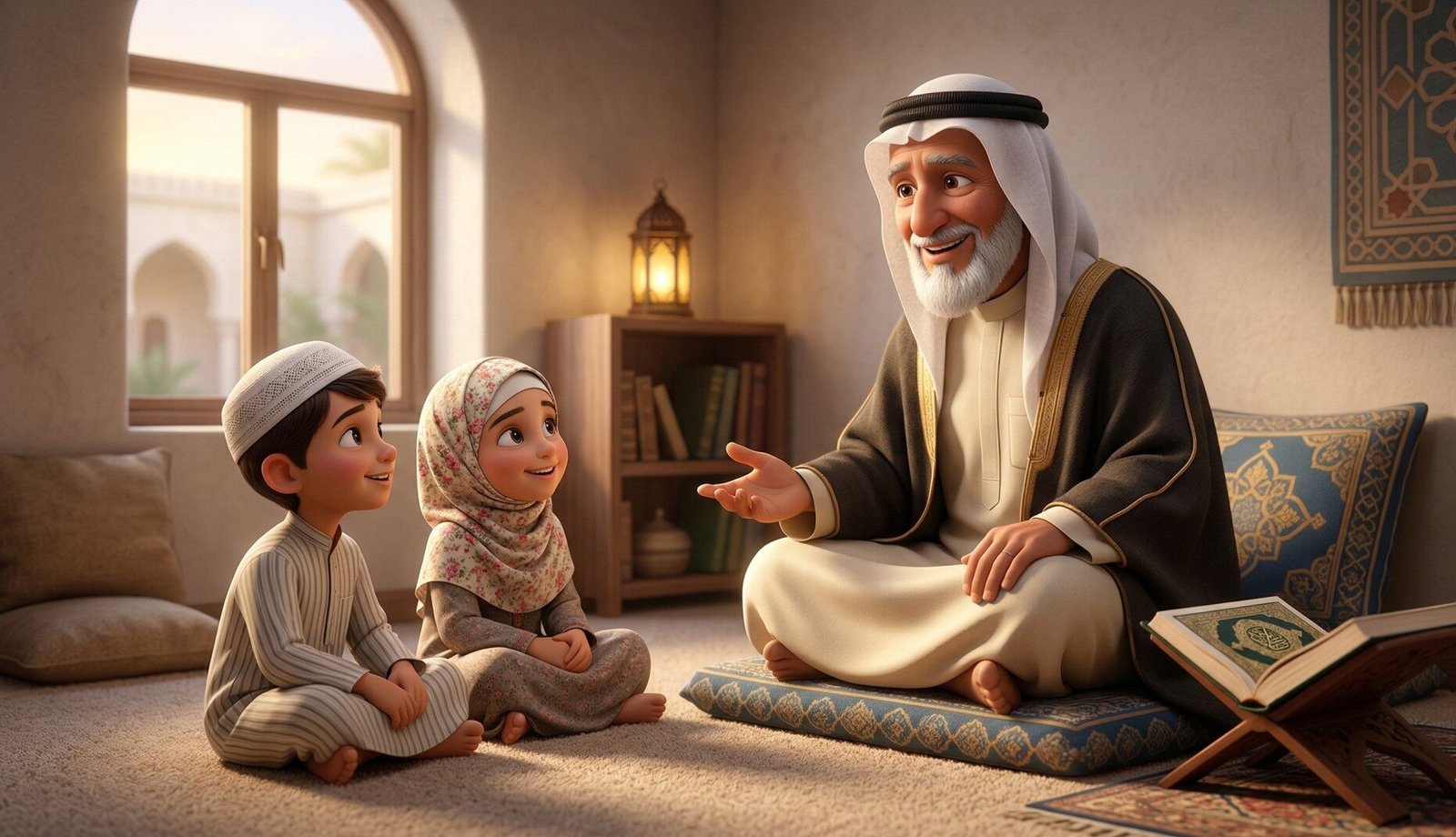 A wise Islamic scholar in a warm, gentle Quran learning environment — demonstrating the love-first approach to teaching children