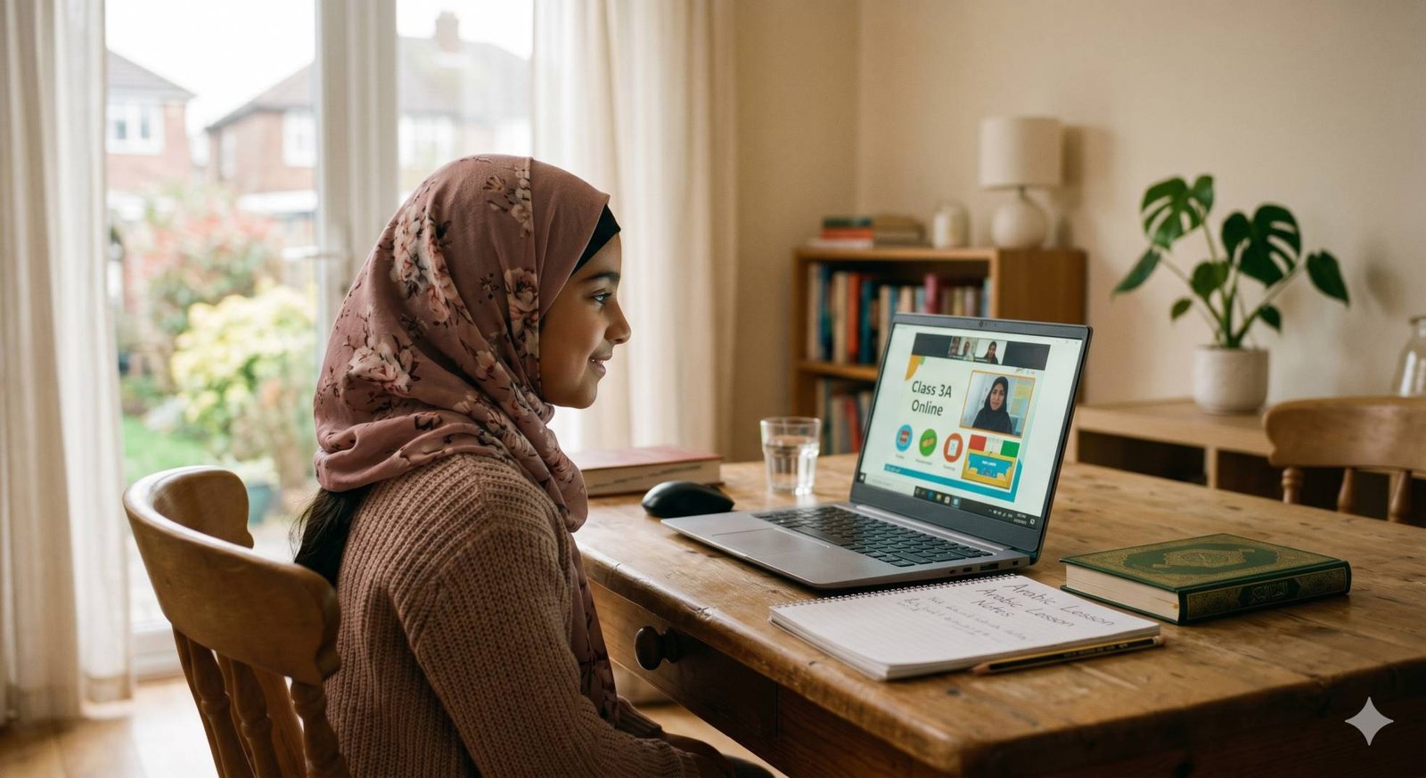 Young Muslim girl learning Quran online from home on a laptop
